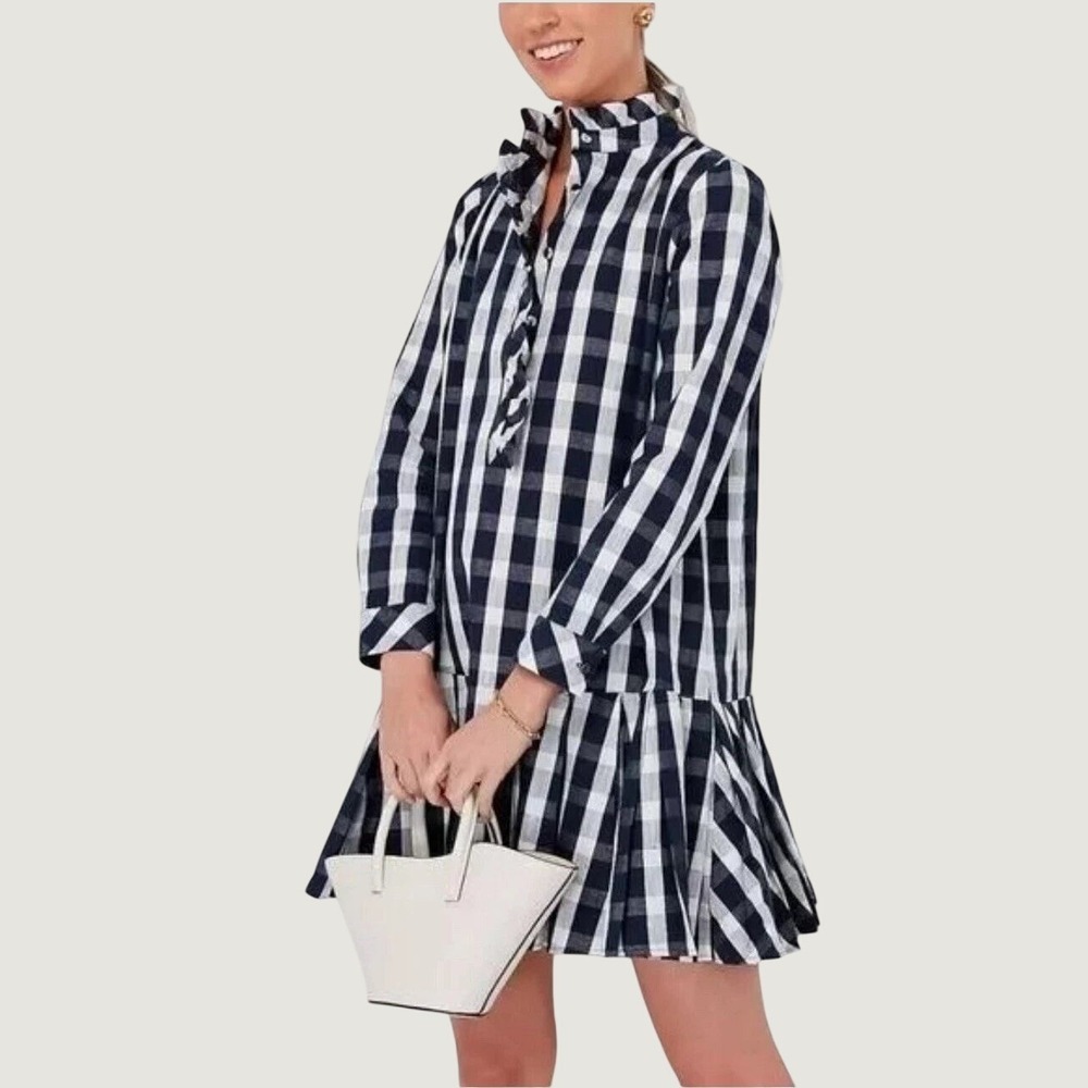 NWT Tuckernuck Navy Check Tate Dress Gingham Ruffle Cotton Linen Oversized XXS
